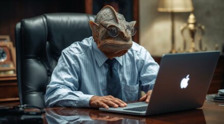 create an image of a chameleon wearing glasses and sitting in front of his laptop, by his desk. he is an older chameleon, executive, he has a company for 18 years now (1)